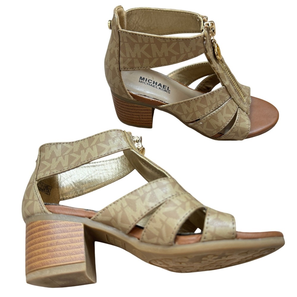 Michael Kors Darlyn Isabel Gold Monogram Front Zip Block Heel Sandals Girls 11